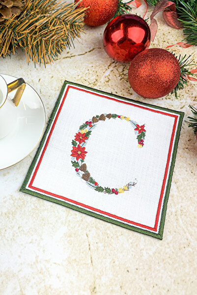 WEARE2 Șervețel de cocktail brodat cu litera C de culoare albă, cu tematică d...