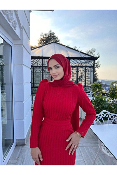 DİSE Kadın Loren Kırmızı Şerit Detaylı Belden Kuşaklı Tesettür Abiye Elbise