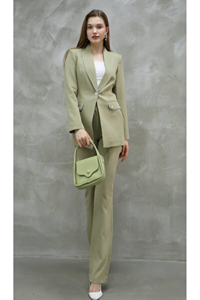 pembekurdelem Kadın Gümüş Detay Ceket Pantolon Takım Haki