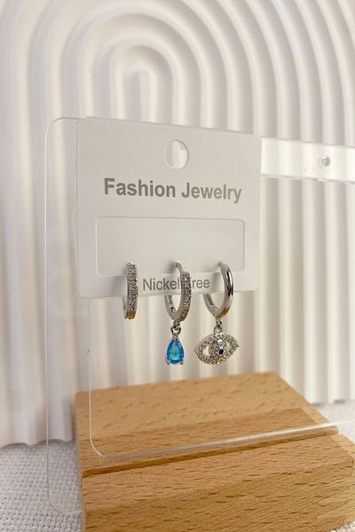 DEMOKAN Women's Earrings Special Design 3-Piece Eye Blue Stone Hoop Earrings