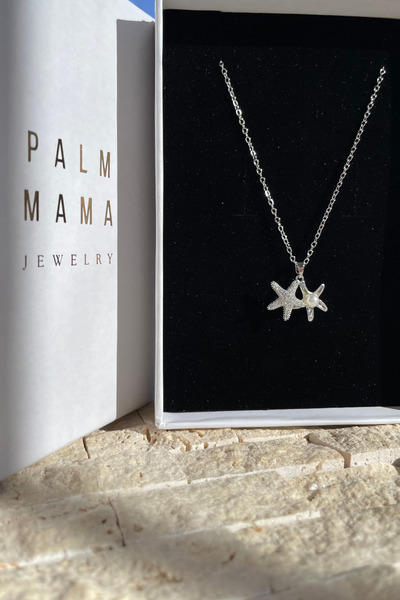 PALM MAMA JEWELRY Kadın Gümüş Renk Zirkon Taşlı Deniz Yıldızı Açılan Minimal Incili Kutulu Çelik Kolye