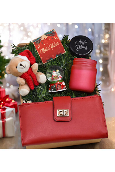 Bonitagift Kırmızı Renkli Kavanoz Mum& Kırmızı Kadın Cüzdanı& Noel Baba Kar K...