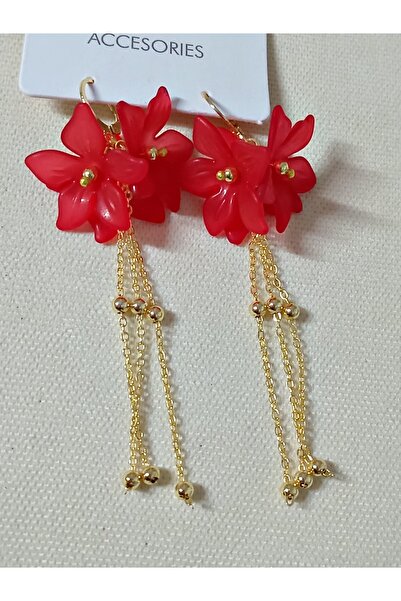 mos&more Red Flower Gold Dangle Long Women's Earrings