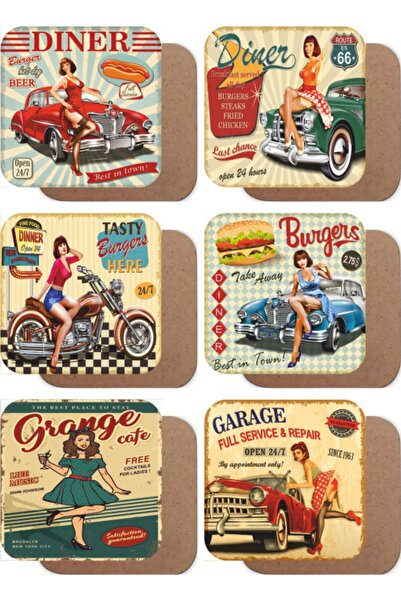 Pi Dekorasyon Pin Up Kızları Retro 6lı Ahşap Bardak Altlığı Seti