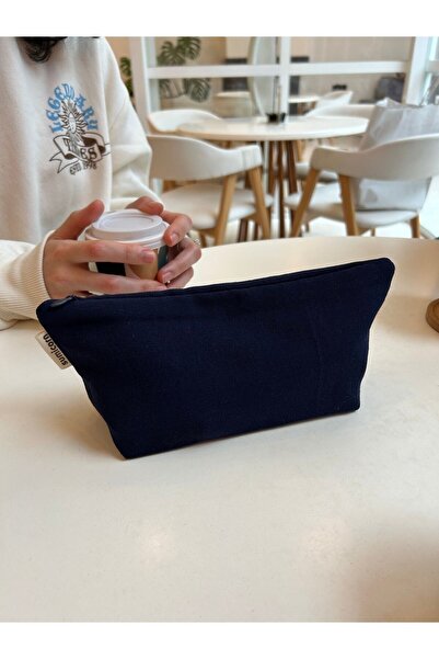 sumicorn Soft Lacivert Yıkanabilir Fermuarlı Tek Gözlü Bez Kalemlik Kalem Kutusu Cüzdan Makyaj Çantası