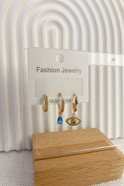 DEMOKAN Women's Earrings Special Design 3-Piece Eye Blue Stone Hoop Earrings