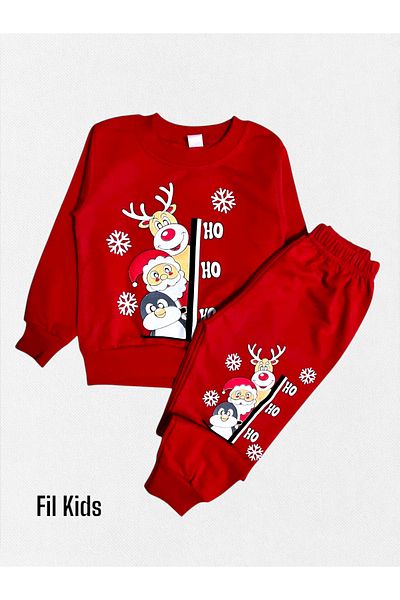 Fil Kids Girls' Cotton Raised Red Santa Claus Deer Penguin Print Long Sleeve Winter Pajamas Set