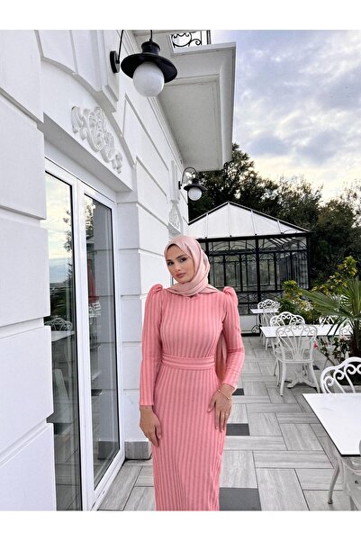 DİSE Kadın Loren Pudra Pembe Şerit Detaylı Belden Kuşaklı Tesettür Abiye Elbise
