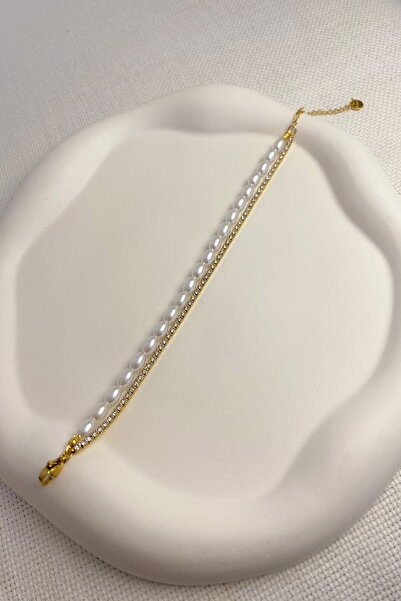 DEMOKAN Kadın Çelik Bileklik 2'li Elips İnci Kare Suyolu Bileklik