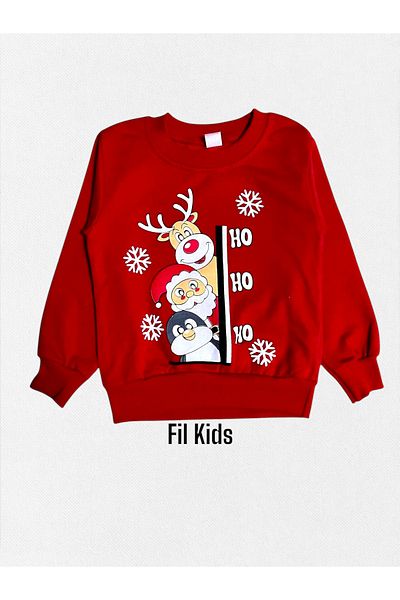 Fil Kids Girls' Cotton Raised Red Santa Claus Deer Penguin Print Long Sleeve Winter Pajamas Set