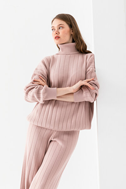 Wega Moda Women's Ribbed Knitwear Set, Turtleneck Bottom Top Knitwear Set, Knitwear Sweater Pants Two-Piece Set, Set