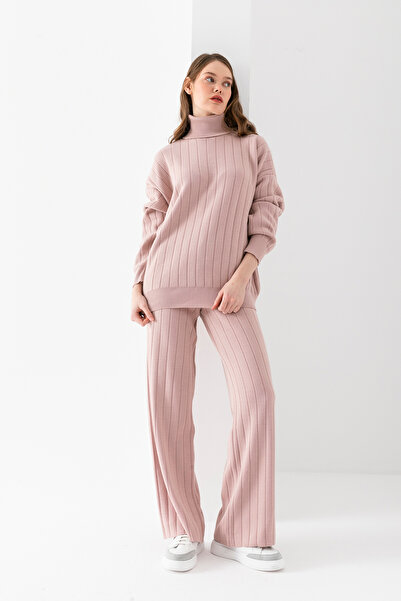 Wega Moda Women's Ribbed Knitwear Set, Turtleneck Bottom Top Knitwear Set, Knitwear Sweater Pants Two-Piece Set, Set