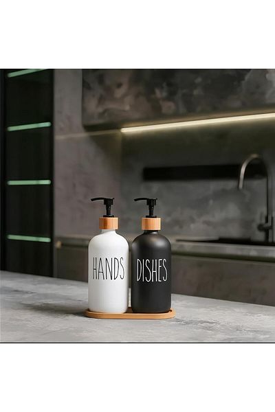viernes Комплект от 2 бели кухненски стъклени дозатори за течен сапун - 500 ml с бамбукова поставка