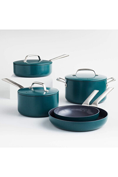 Crate & Barrel طقم أواني طهي سيراميك ديب تيل من السيراميك غير لاصق مكون من 8 قطع من إيفين كوك مع مكافأة