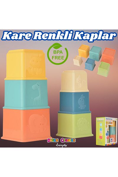 Doğan Oyuncak Dünyası Educational Square Colorful Containers - Overlapping Game - Unbreakable Toy - Unbreakable Baby Toy - Box