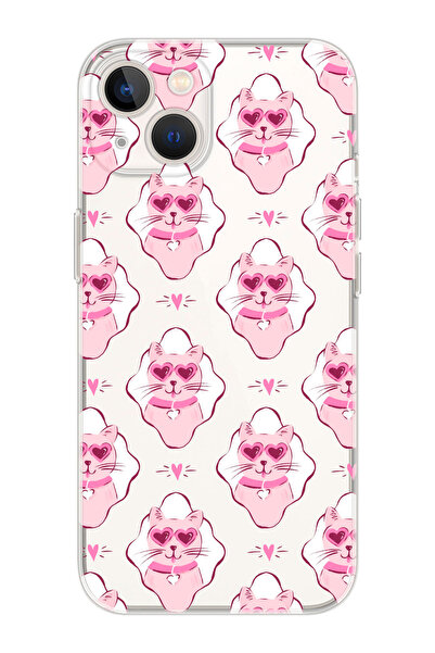 shoptocase iPhone 14/13 Uyumlu Lovely Heart Cat Desenli Şeffaf Silikon Telefo...