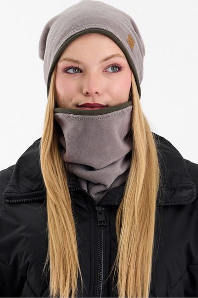 Butikgiz Gray Fleece Exterior and Khaki Cotton Inside - Double Color Foldable Beanie Set