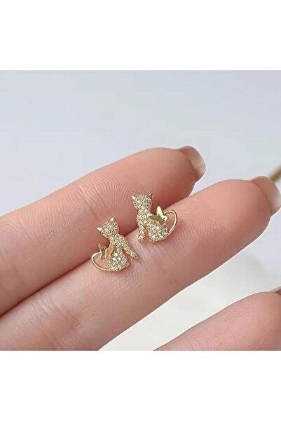 HOBİSY GIFT SHOP Altın Kaplama Kedi ve Kelebek Figürlü Zirkon Taşlı Çelik Kadın Küpe