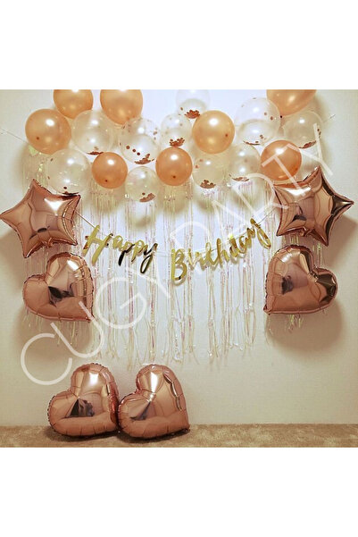 CUGY YETİŞKİN DOĞUM GÜNÜ SETİ ROSEGOLD BALONLAR YILDIZ VE KALP DETAYLI KONSEPT