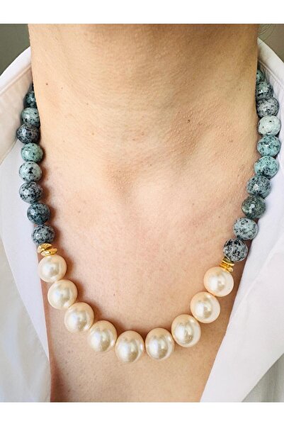 DEVİ fashion قلادة من حجر الجاسبر الأزرق الطبيعي مقاس 12 ملم مع لؤلؤ زجاجي مق...