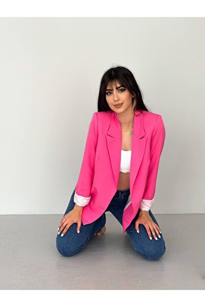 SUXİRCNHTMTS Γυναικείο σακάκι με λευκό ριγέ μανίκι και λεπτομέρεια σε πτυσσόμενο