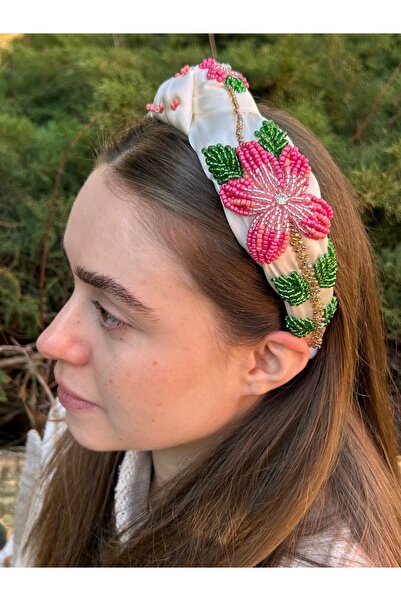 ByMerve BYM2005 Design Handmade, alb, cu mărgele florale, model pentru femei,...