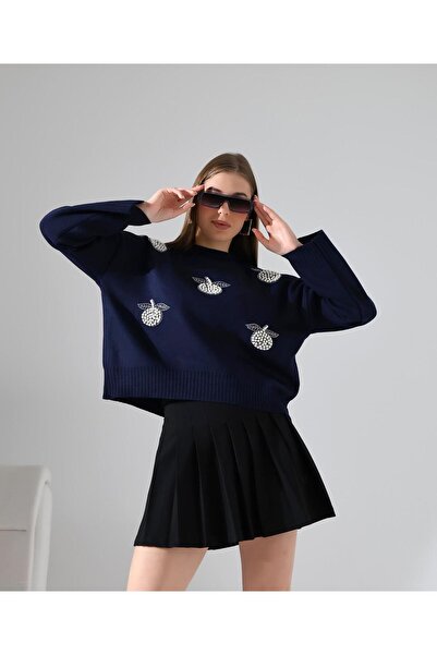 Butik Şenel Κομψό πουλόβερ με στάμπα μήλου με αρακά με πέρλες