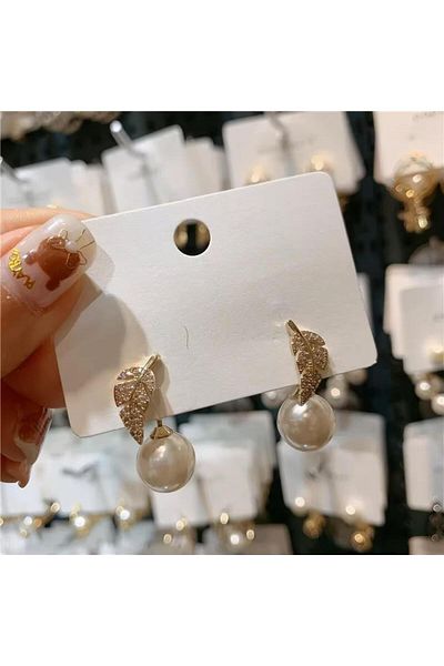 HOBİSY GIFT SHOP Elegant Pearl Detailed Leaf Figured Steel Earrings - Special Design Silver Color
