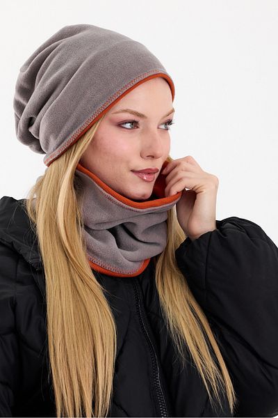 Butikgiz Gray Fleece Exterior and Tile Cotton Inside - Double Color Foldable Beanie Set