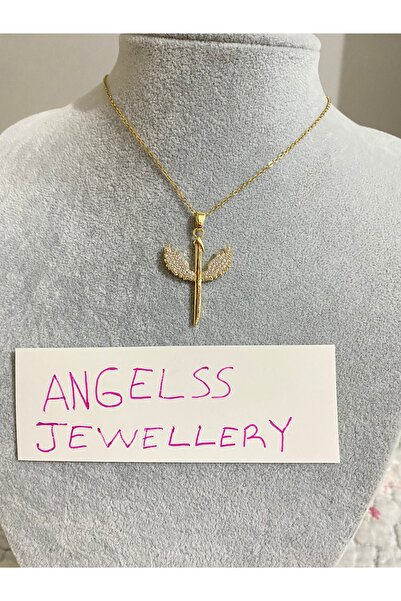 ANGELSS JEWELLERY Zirkon Taşlı Melek Kanatlı Elif Kolye (Taşlı Elif Harfli Go...