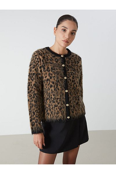 LC Waikiki Crew Neck Leopard Patterned Women's Knitwear Cardigan