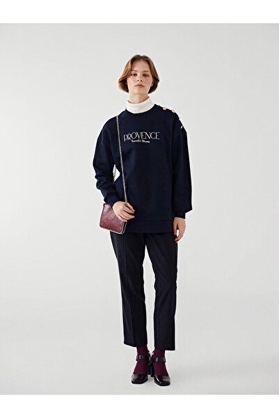 LC Waikiki Navy Blue Elastic Waist Striped Women's Trousers