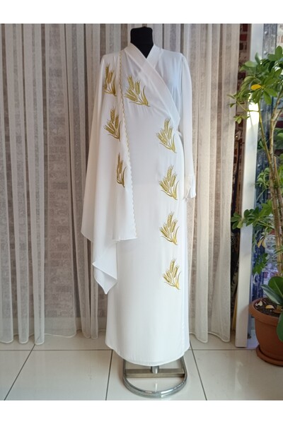Misue Handmade Φόρεμα προσευχής με κορδόνια με κεντημένο μετάξι Μεδίνα + σάλι, Σετ φόρεμα προσευχής και ρόμπα προσευχής για προίκα