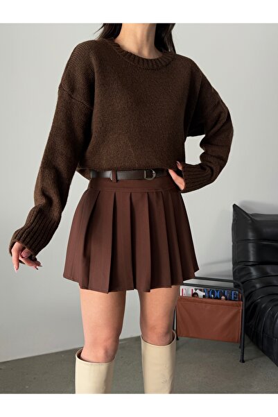 TİSHOOSTORE KADIN KEMERLİ ŞORT ASTARLI PİLELİ MİNİ ETEK