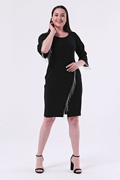 Şirin Butik Rochie neagră pentru damă, mărime mare, cu gât rotund, cu detaliu de lanț