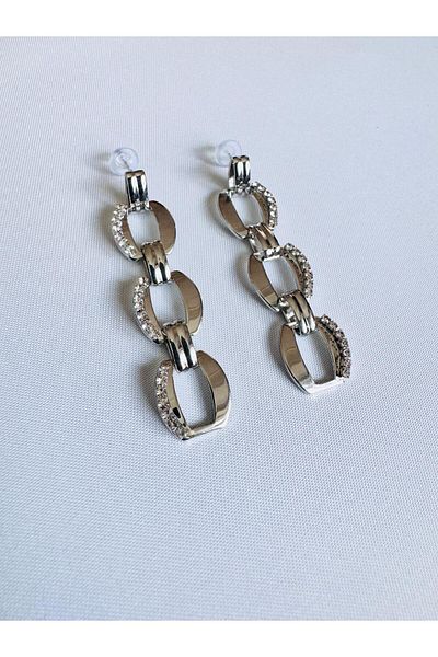 DEVİ fashion Silver Color Rectangular Chain Earrings 6 cm