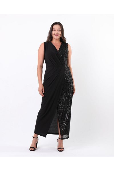 Şirin Butik Rochie de seară neagră pentru femei, de mărime mare, cu decolteu dublu, fără mâneci
