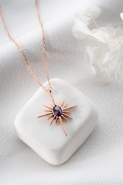 ESSARE 925 Ayar Gümüş Mor Taşlı Kutup Yıldızı Kolye