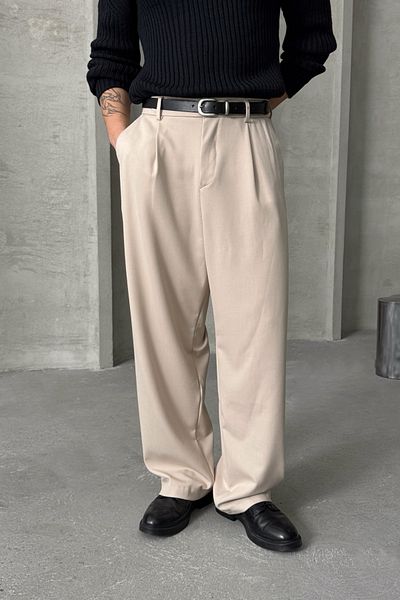 HYMAN Men's Pleated Extra Baggy Fit Fabric Pants