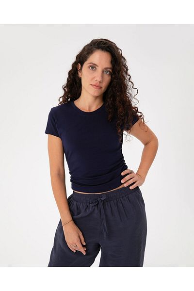 Ayma Active Organic Cotton Navy Blue Green Basic T-Shirt - Side Gathered