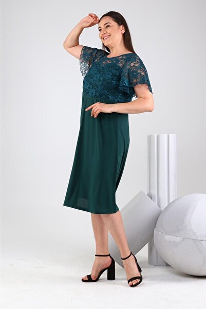 Şirin Butik Γυναικείο Πράσινο Δαντελένιο Λεπτομερές Φόρεμα Sandy Fabric Plus Size