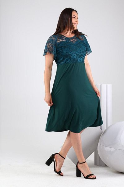 Şirin Butik Γυναικείο Πράσινο Δαντελένιο Λεπτομερές Φόρεμα Sandy Fabric Plus Size