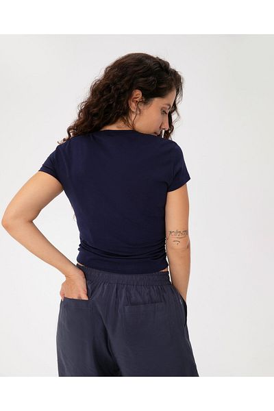 Ayma Active Organic Cotton Navy Blue Green Basic T-Shirt - Side Gathered