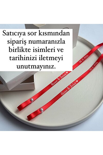 Huyendo İncisiz Söz Nişan Yüzük Kurdelesi Kırmızı Kurdele Beyaz Baskı (1cm en...