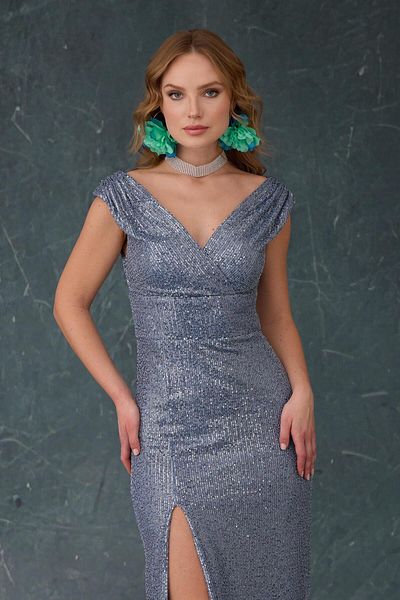 Carmen Indigo Slit Sequin Evening Dress