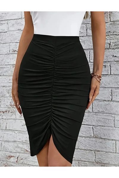 MAROVOAY Midi-Length Pencil Skirt with Gathered Detail on the Front