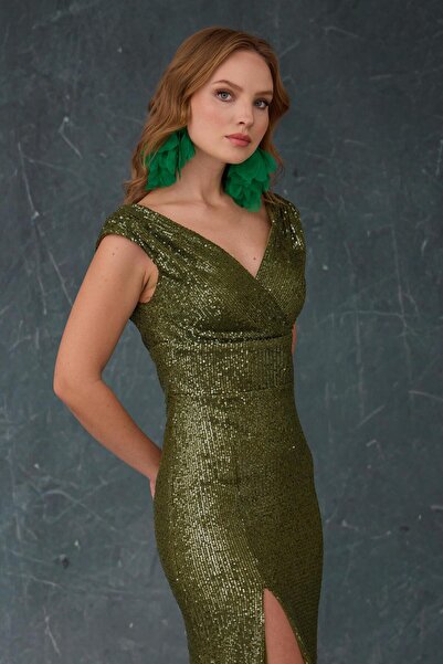 Carmen Haki Yırtmaçlı Payet Abiye Elbise