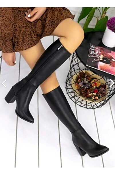 ESPEDA Kadın Topuklu Uzun Çizme Kadın Siyah Fermuarlı Diz Altı Boy Topuklu Çizme 0336