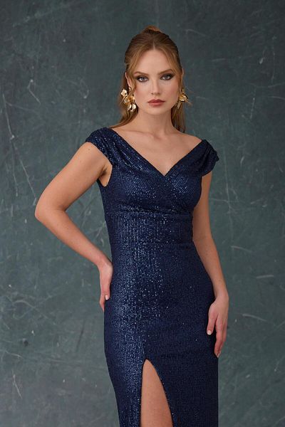 Carmen Navy Blue Slit Sequin Evening Dress