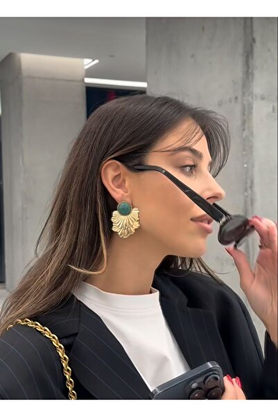 Niceboutique Taşlı Gold Plaka Yaprak Küpe